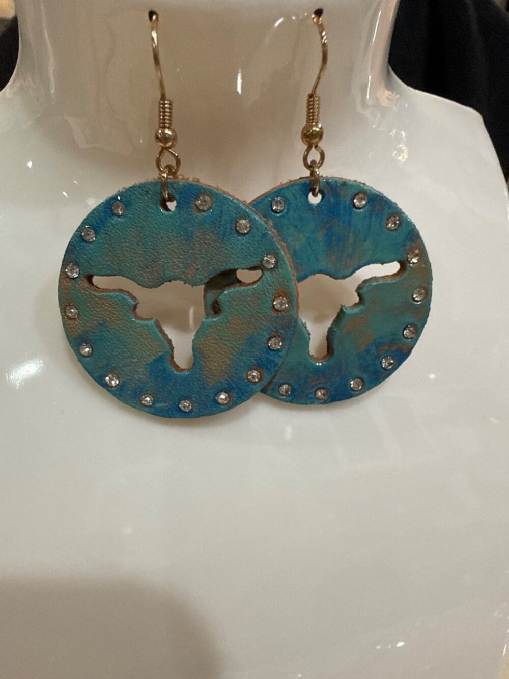 Texas Longhorn earrings hand made western leather disc turquoise rhinestone